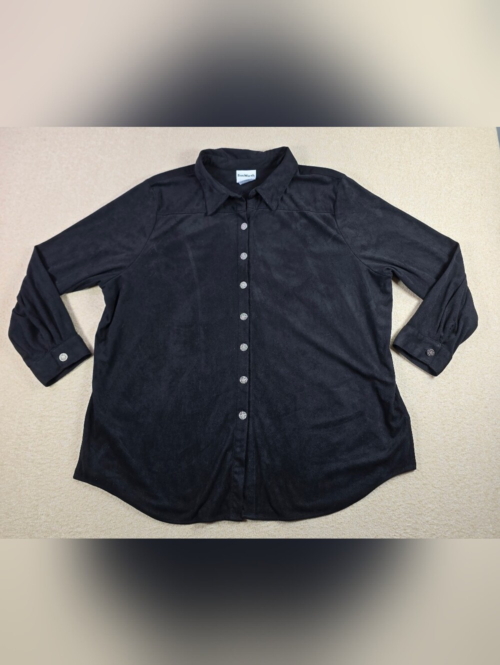 BonWorth Womens XLP Black Faux Suede Button Front Stretch Blouse Top